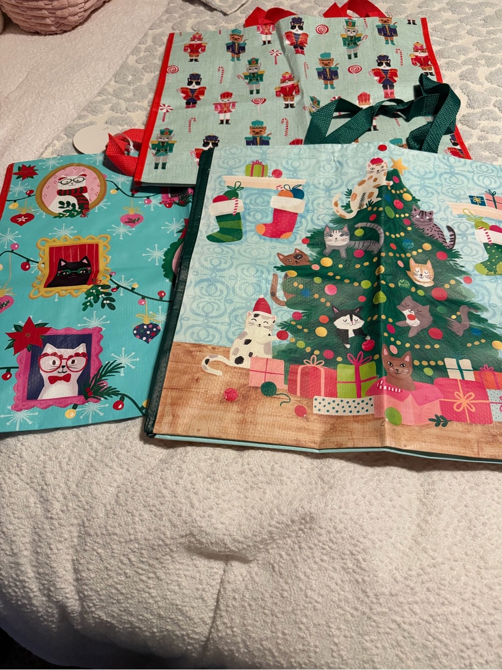 Holiday Cat-Themed Reusable Gift Tote Bag - Aqua